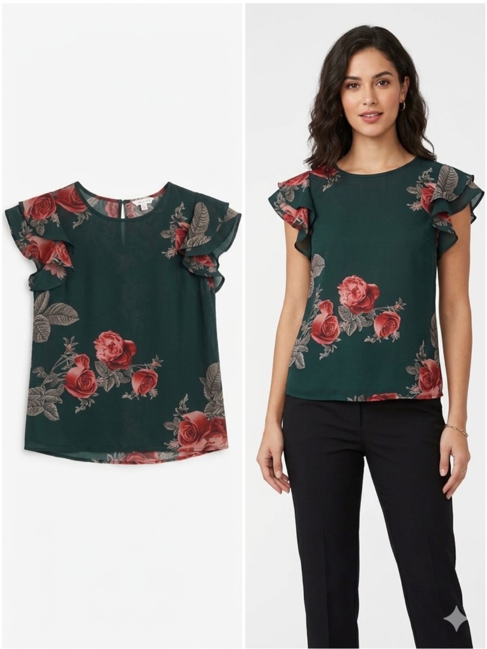 a'gaci Dark Green Blouse with Red Rose Print and Ruffle Sleeves